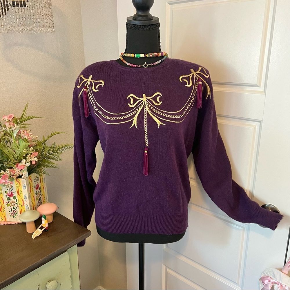 Regency Collection Joyce 80s 90s Vintage Purple Gold Bow Embroidery Sweater Sz M